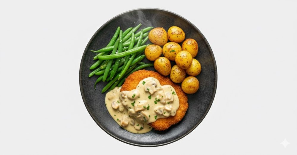 Vega schnitzel in roomsaus, afbeelding gemaakt met AI