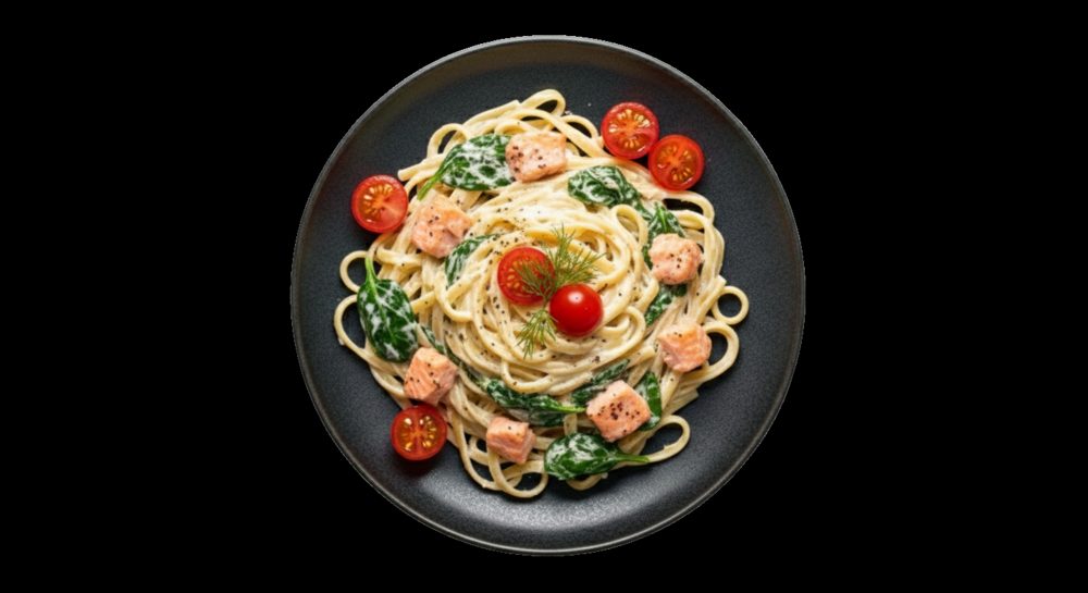 Tagliatelle met gerookte zalm, afbeelding gemaakt met AI