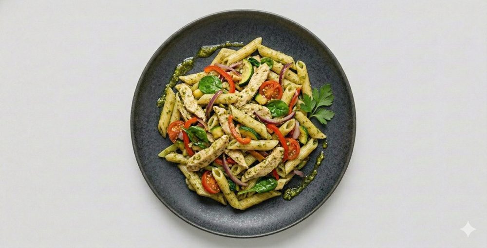 Vega pasta kip-pesto, afbeelding gemaakt met AI