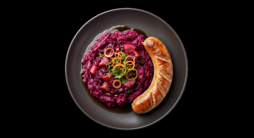 Stamppot rode kool met saucijs, afbeelding gemaakt met AI