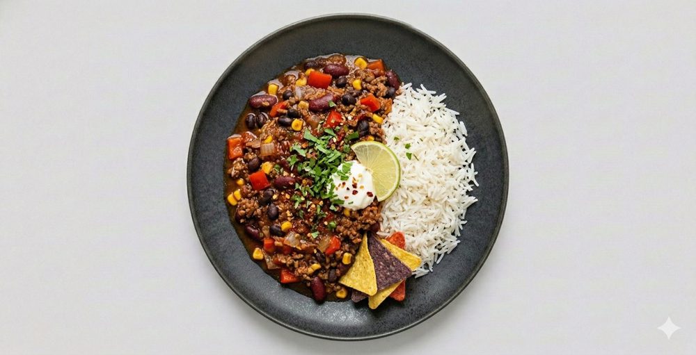 Chili con carne met rijst, afbeelding gemaakt met AI