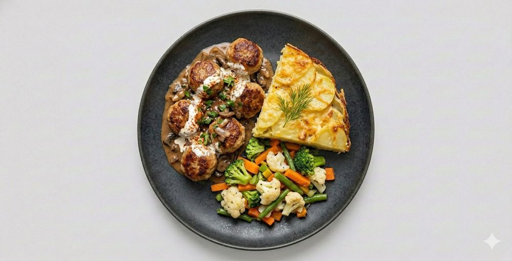 Gehaktballetjes stroganoff, afbeelding gemaakt met AI