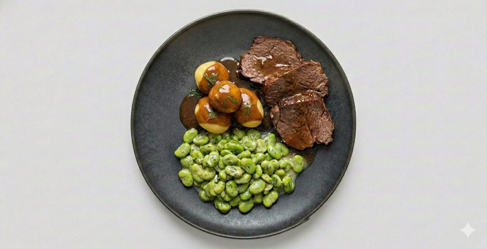 Runderlap met tuinbonen, afbeelding gemaakt met AI