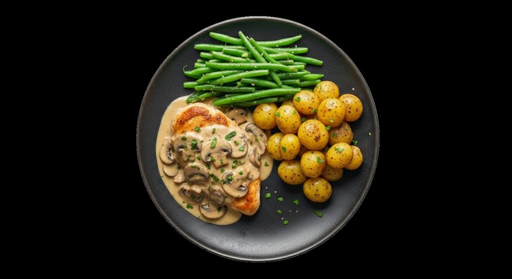 Kip in champignonsaus, afbeelding gemaakt met AI