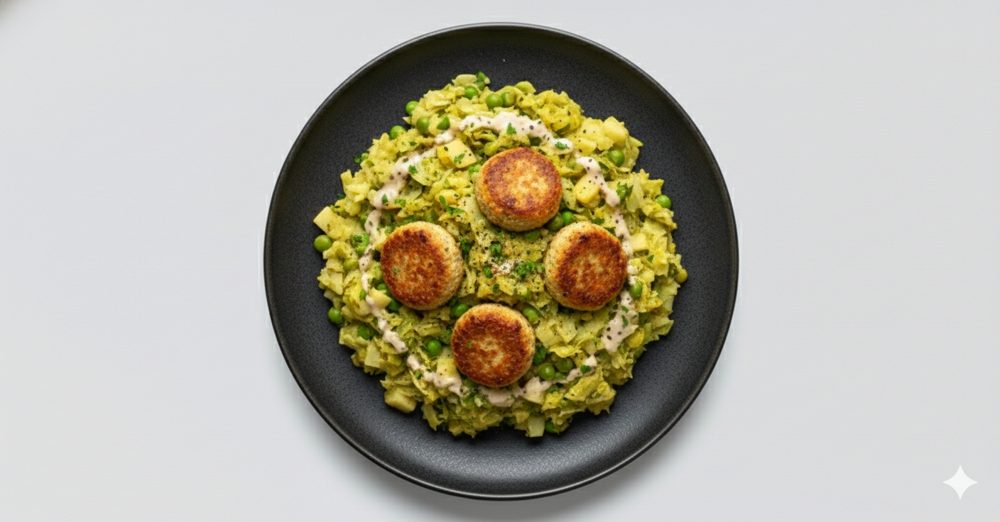 Stamppot spitskool met vega balletjes, afbeelding gemaakt met AI