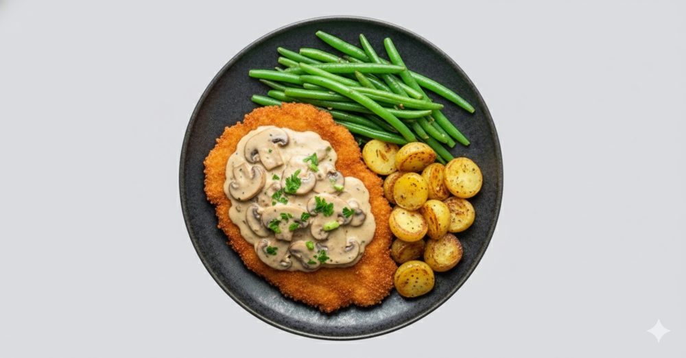 Schnitzel in roomsaus, afbeelding gemaakt met AI